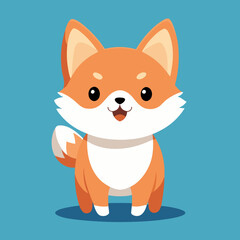 Adorable cartoon fox with big eyes and fluffy tail standing on a blue background