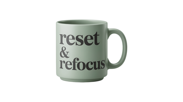 A green mug with the words reset & refocus on it.