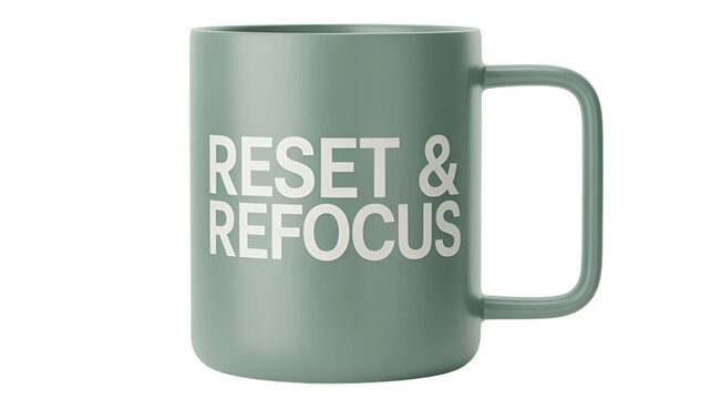 A stylish green mug with RESET & REFOCUS message.