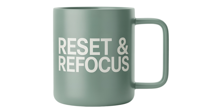 A stylish green mug with RESET & REFOCUS message.