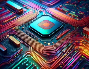 microscopic view of an integrated circuit showing complex circuitry design and multicolored layers