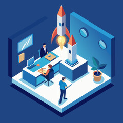 Isometric office scene with people working on projects and rockets symbolizing startup growth and innovation
