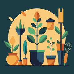 Stylized indoor plants and gardening tools arranged against a warm circular background