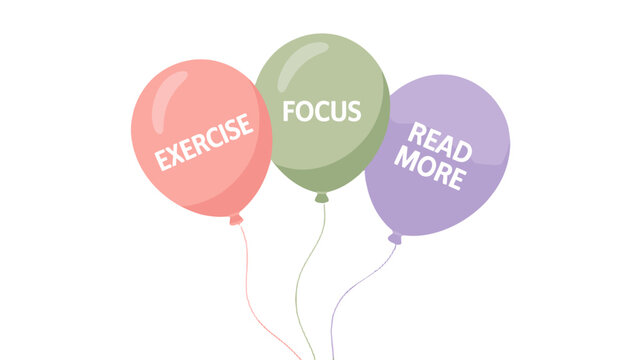 Three balloons, each with a motivational word.