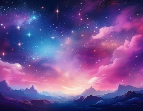 a vibrant cosmic background featuring a blend of pink purple and blue hues accented with shimmering stars creating a dreamy and ethereal atmosphere