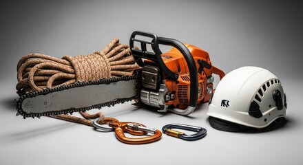 Still life of forestry gear chainsaw, rope, carabiners, and safety helmet set against a gray backdrop