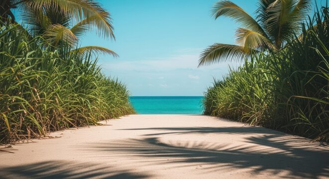 Sandy path leads to turquoise ocean framed by lush greenery and tropical palm trees