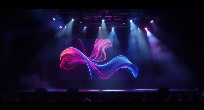Stage bathed in light, showcasing a swirling, abstract graphic on a screen