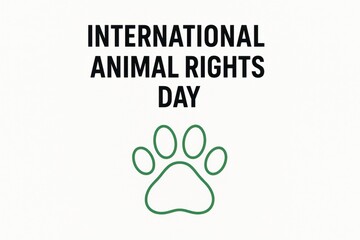 International Animal Rights Day text with a green paw print icon. Minimalist graphic illustration for animal welfare and protection. Activism and advocacy concept with copy space
