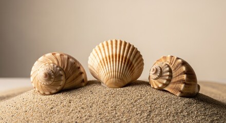 Three seashells sit on sand, with soft lighting and a neutral background