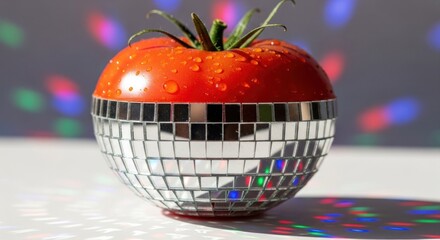 Tomato perched atop a shiny disco ball with water droplets and colorful background lights