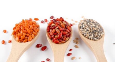 Three wooden spoons showcasing various colorful seeds and berries against a white backdrop
