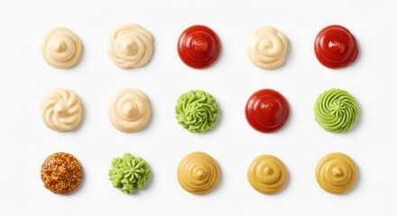 Top-down shot of fifteen dollops of condiments on white