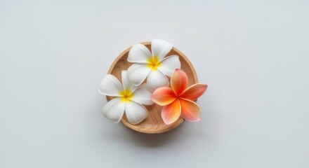 Top-down view of three plumeria blooms in a wooden bowl on a white surface