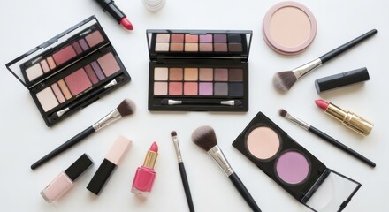 Top-down shot of makeup products, arranged symmetrically, on a white surface