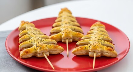 Three puff pastry Christmas trees on skewers rest on a red plate, with sprigs