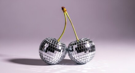 Two disco ball cherries with green stems against a simple backdrop