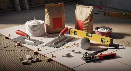 Tools and materials set on tile-laying, featuring bags, trowels, level, and grout