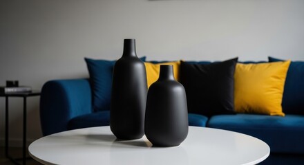 Two black ceramic vases on a white coffee table, blue sofa and pillows in background