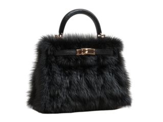 PNG of Luxurious black faux fur handbag with a stylish gold clasp, perfect for a chic, sophisticated look.