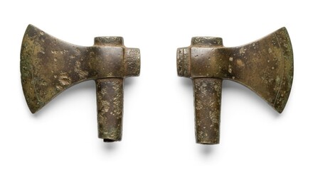 Two bronze, ancient axes displayed symmetrically against a white backdrop