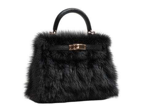 PNG of Luxurious black faux fur handbag with a stylish gold clasp, perfect for a chic, sophisticated look.