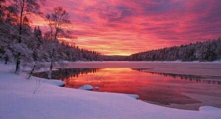 Winter lake scene reflects vibrant sunset hues, snow-covered trees lining the shore