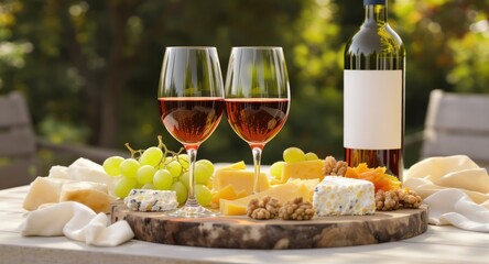 Wine glasses and bottle with a charcuterie board on an outdoor table