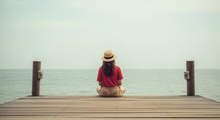 Woman in hat sits on wooden pier, facing the tranquil ocean. Back view, peaceful