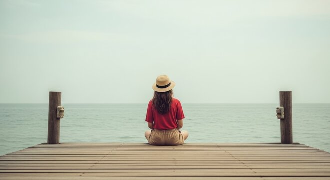 Woman in hat sits on wooden pier, facing the tranquil ocean. Back view, peaceful - Powered by Adobe