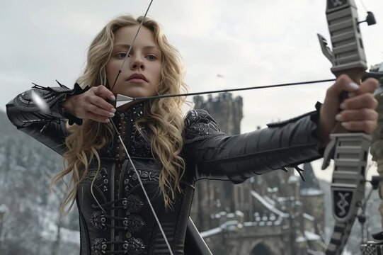 Beautiful Sagittarius woman archer posing mid‑draw with bow and arrow, dressed in flowing deep red gown, set against a star‑filled midnight blue sky with glowing golden zodiac arrow motif