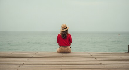 Woman sits on a wooden pier, gazing out at the serene ocean, a hat shielding the sun