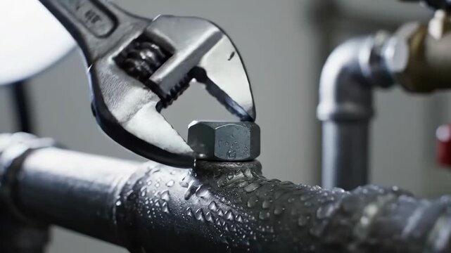 Adjustable wrench tightening wet metal pipe nut with water droplets. focused industrial repair