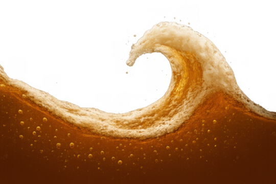 Refreshing brown liquid forming dynamic wave with foam creating movement on transparent background