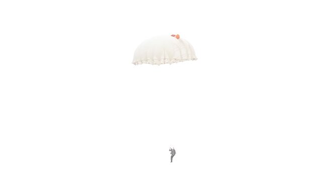 Aerial high-angle shot of a lone skydiver safely descending under a bright white parachute. The skydiver is landing on a vast, dry, military training field near a distant village.