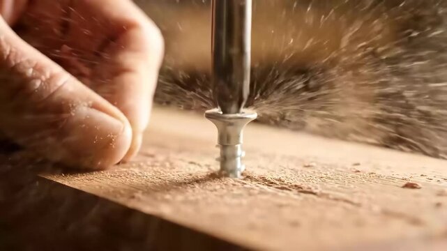Wood screw driven into wooden board with hand screwdriver driving metal screw and carpentry drill