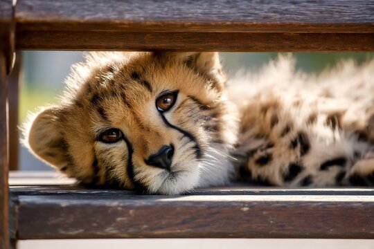 Closeup of a cute cheetah cub resting its head on a wooden surface