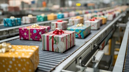 Christmas Presents Moving on Industrial Conveyor Belt