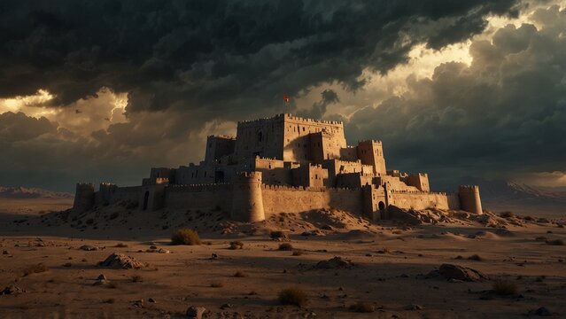 Ancient Persian fortress glowing in stor