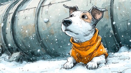 Dog in orange safety vest sits in snowy landscape by large metal pipe during snowfall, highlighting winter safety and outdoor work themes