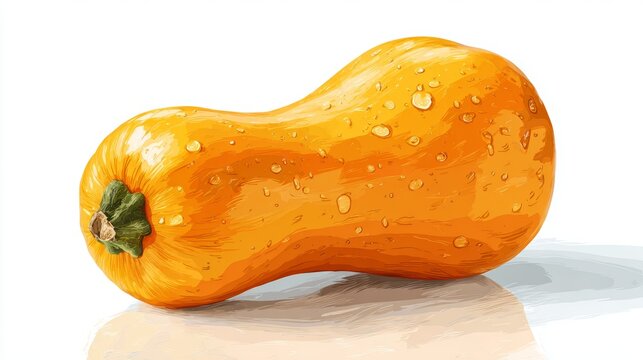 Realistic minimalistic illustration of fresh butternut squash with water droplets, ideal for healthy eating, cooking, and autumn harvest themes