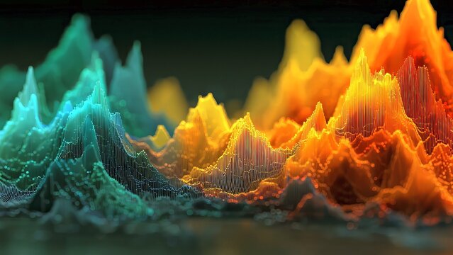 Digital audio equalizer displaying sound waves in a vibrant, colorful mountain landscape, illustrating data visualization, signal processing, and abstract technology