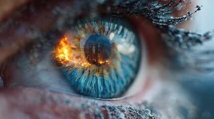 Macro Blue Eye Reflecting Image of Structure on Fire