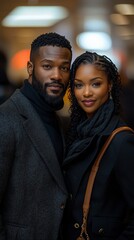 A stylish couple poses for a portrait, showcasing their elegant attire and warm smiles.  The soft background blurs, focusing attention on them