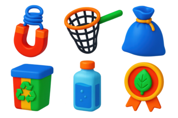 Variety of plastic objects, including a magnet, a bucket, a bottle, a bag