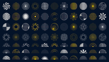 Gold and silver set of circles, semicircles and shiny halftone round symbols. Futuristic y2k vector radial shapes, golden and chrome sign collection