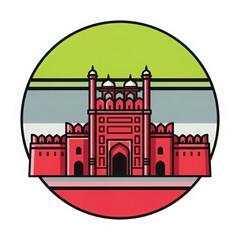 Naklejka premium Stylized illustration of a red sandstone fortress with minarets and domes set against a circular background with colorful stripes