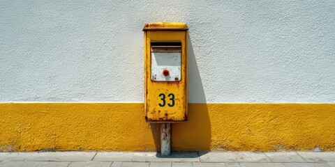 Yellow gas meter box on white and yellow wall symbolizes urban infrastructure, residential safety, and utility management in suburban environments