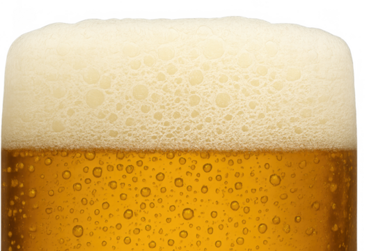 Cold beer glass with white foam head showing carbonation bubbles, a refreshing alcoholic beverage with condensation
