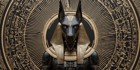 Futuristic Egyptian-inspired android with jackal head and gold-black hieroglyphic motifs, blending mythology and technology for sci-fi branding or cultural fusion concepts